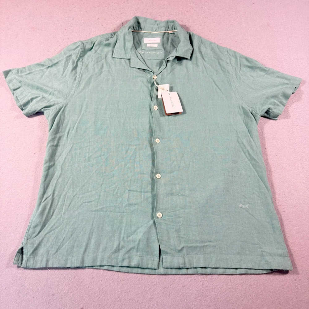 Porter & Ash Mens XL Linen Blend Short Sleeve Button Down Shirt Sage Green NWT